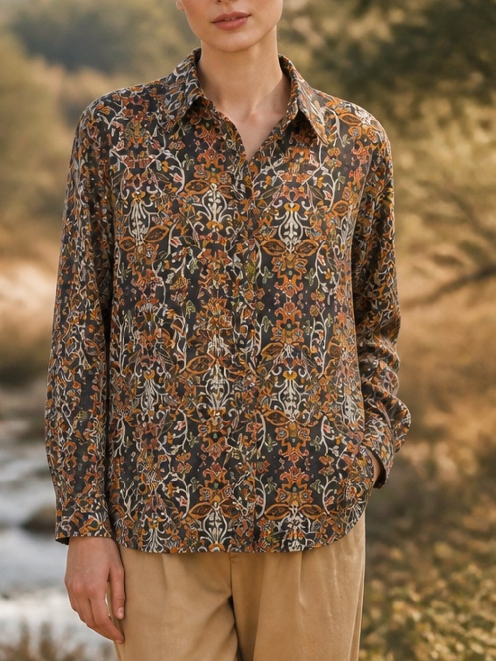 Duluth Trading Co Brown & Tan Floral-Print Women's Shirt w/ Pockets 100% Cotton